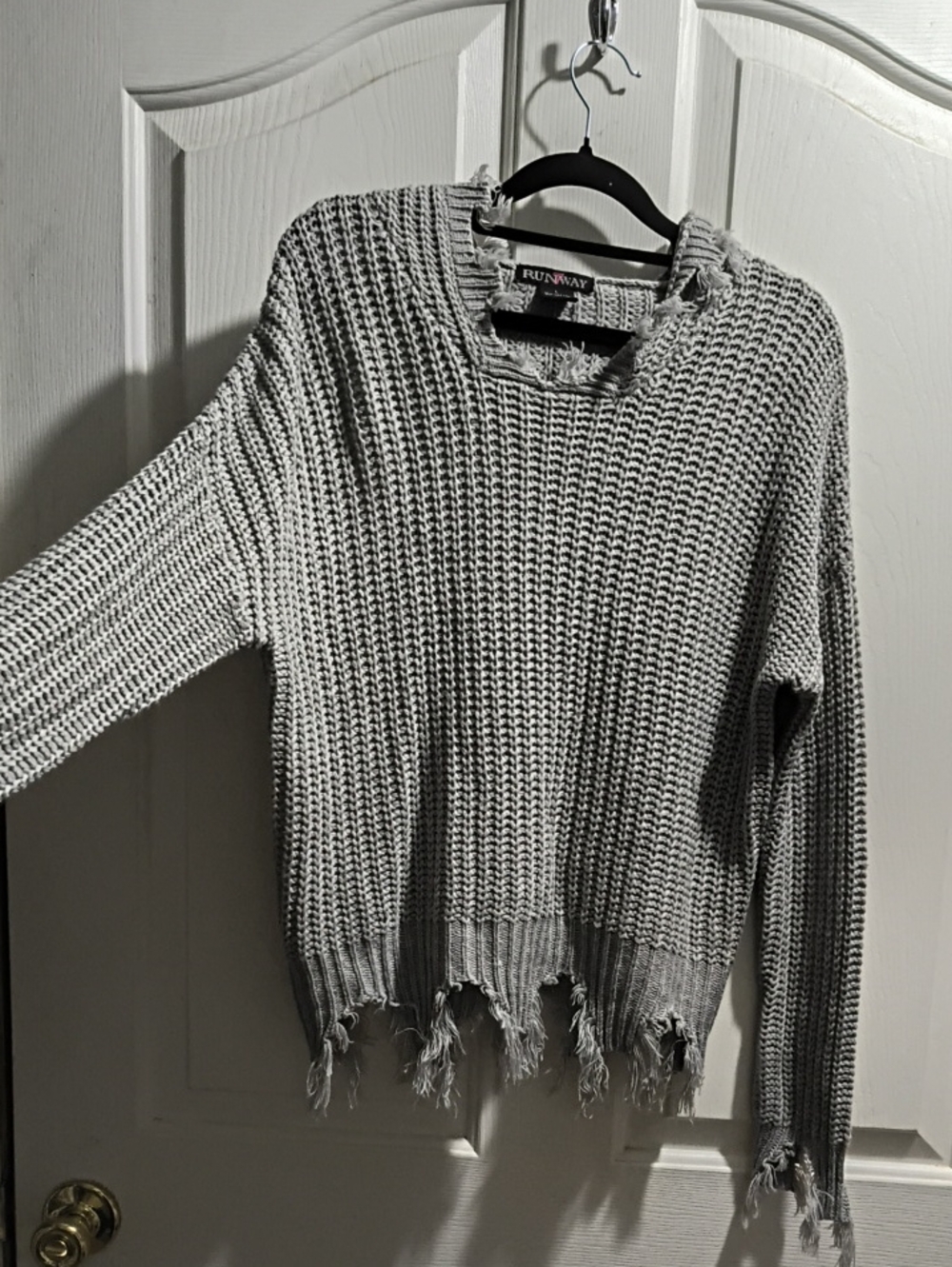 Runway Distressed Waffle Knit Crewneck Sweater - Light Gray